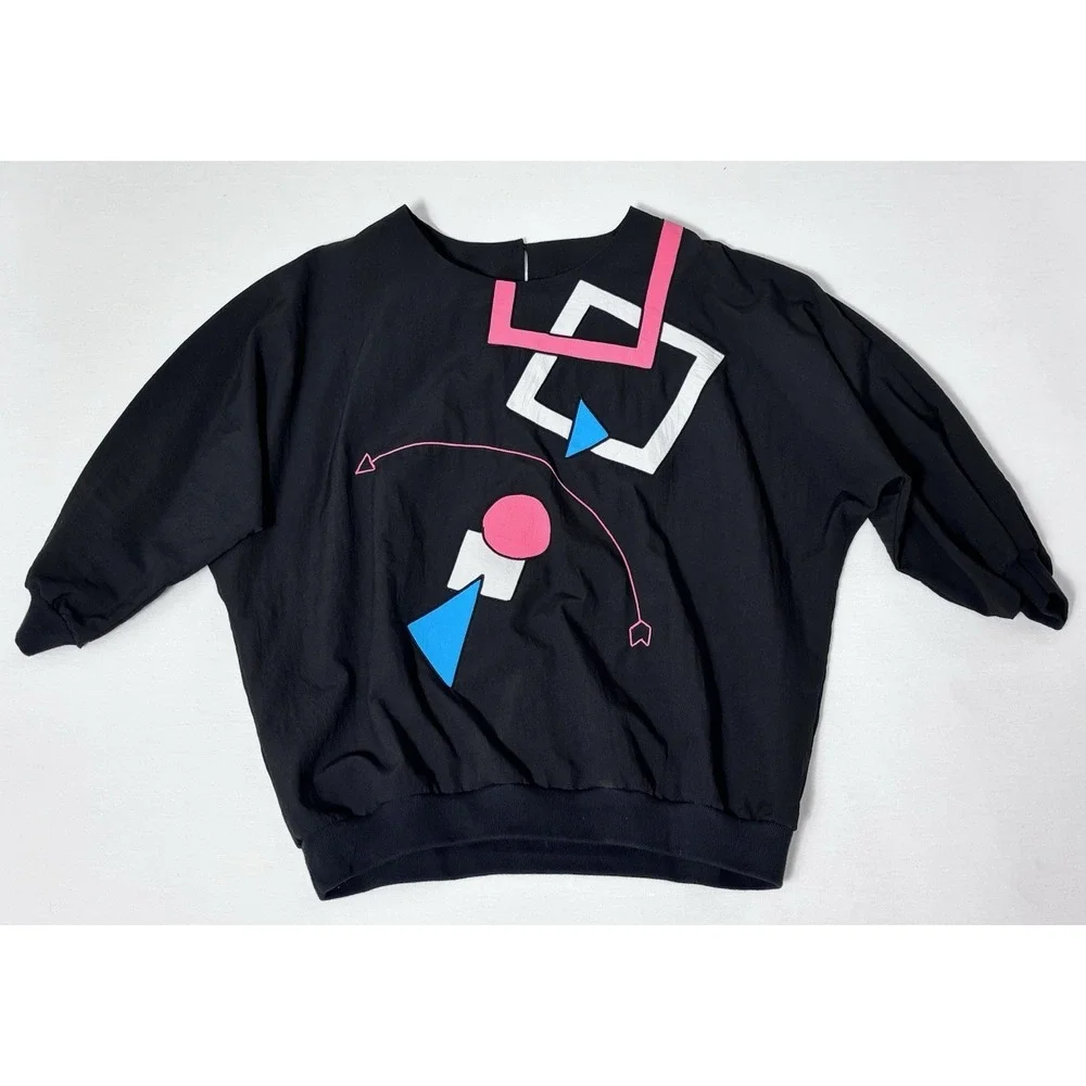 Vintage 1980s Batwing Geometric Graphic Top Black Pink Blue Pullover Nylon Blend